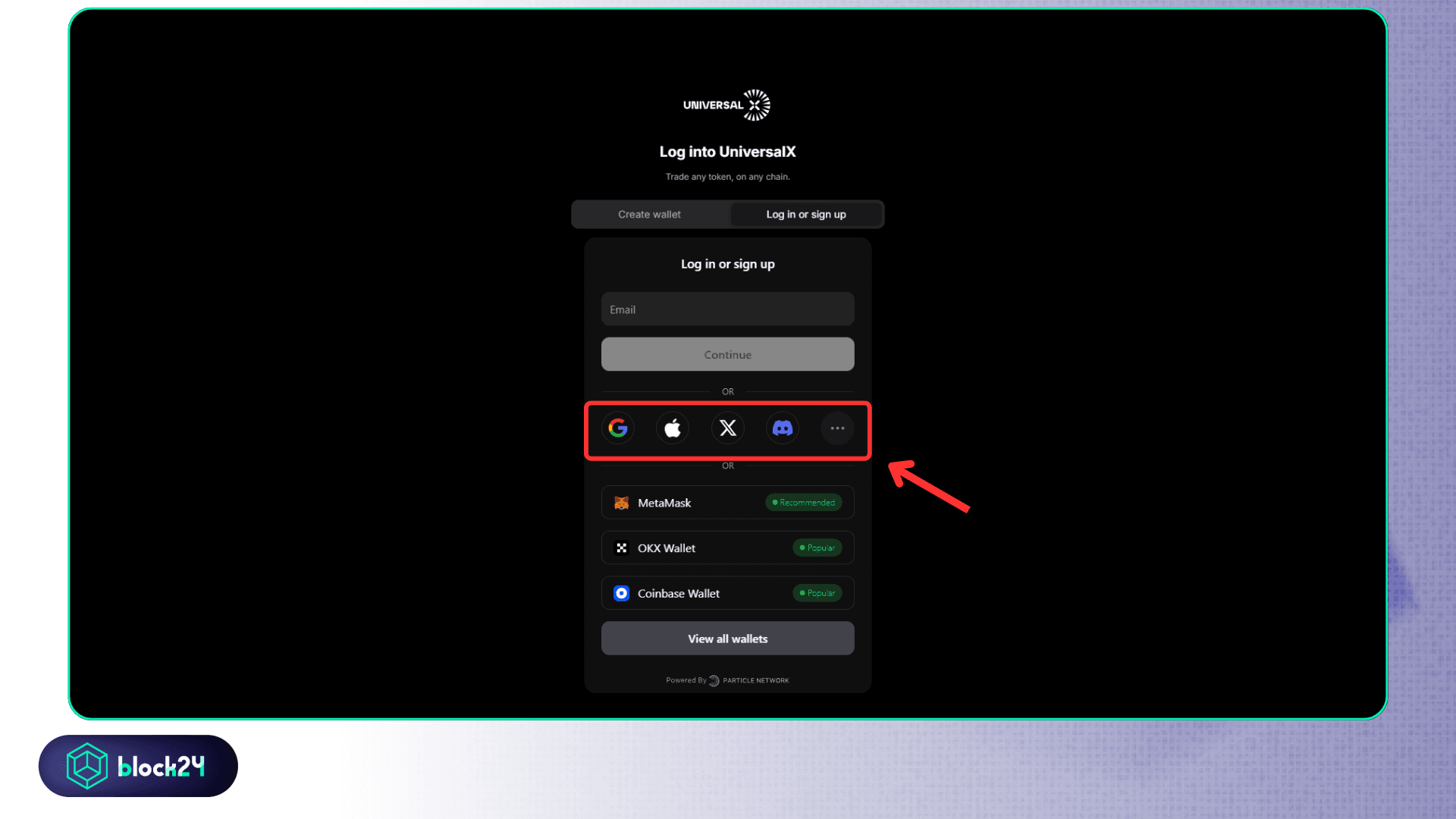 Đăng nhập ví Universal X bằng tài khoản Web2