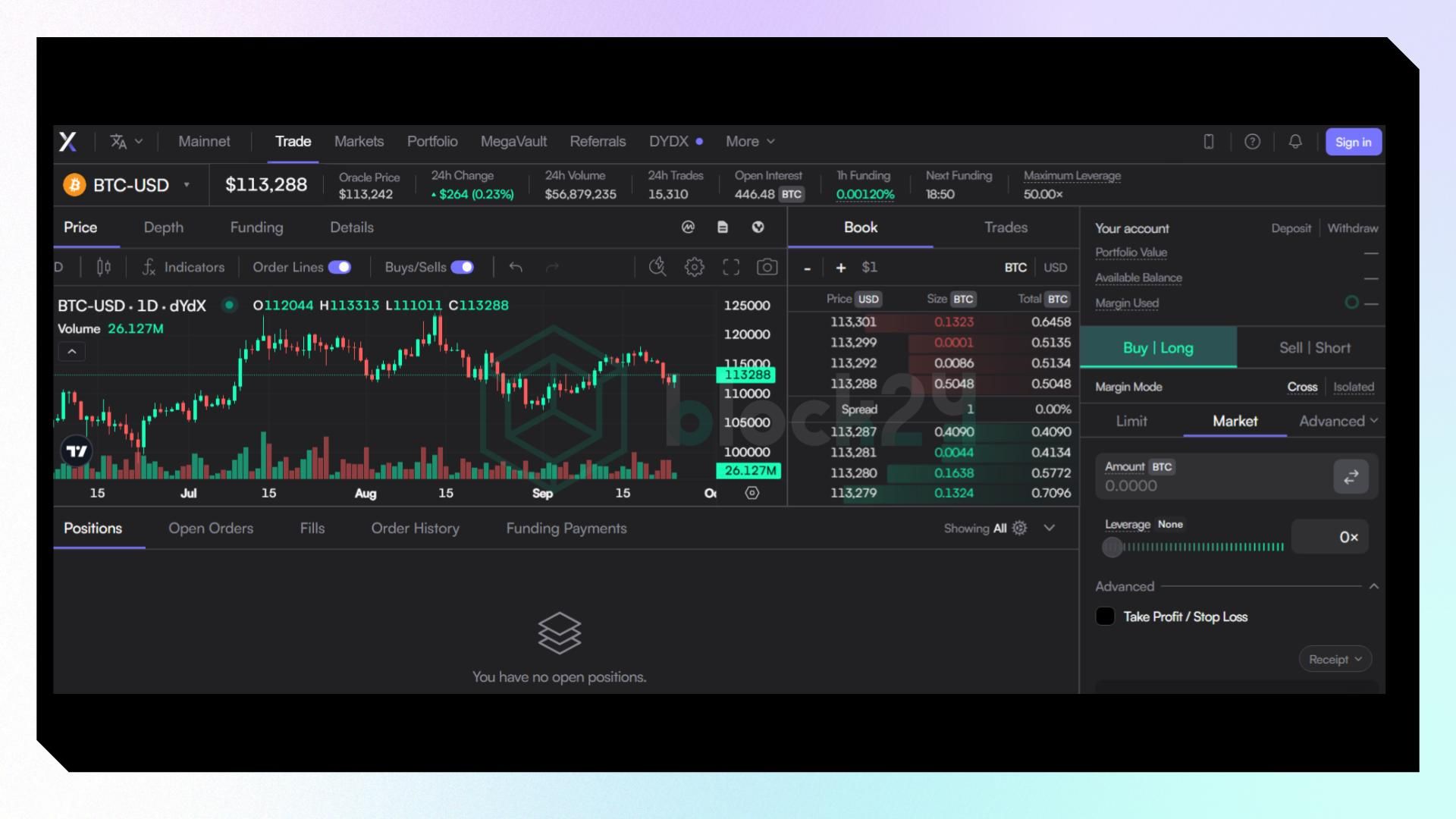 Giao diện perp trading của dYdX