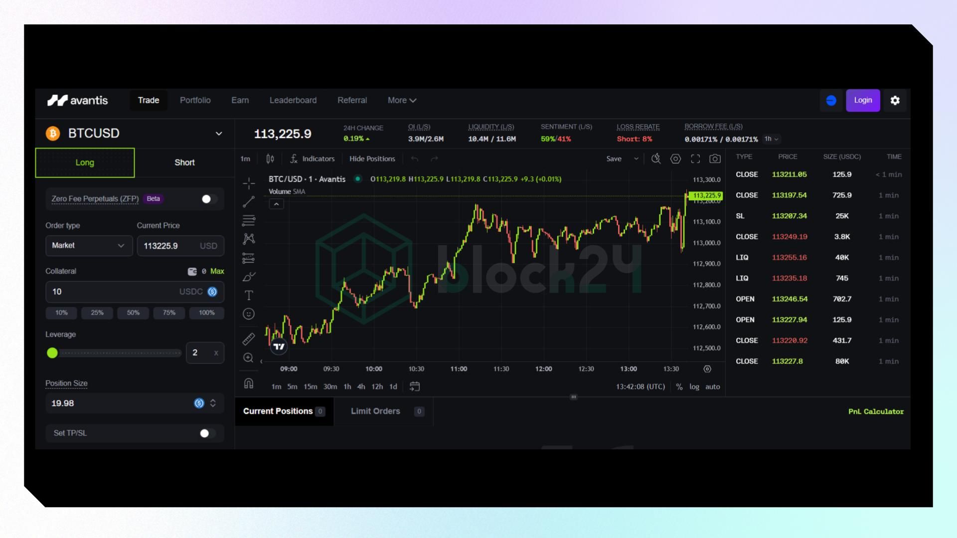 Giao diện perp trading của  Avantis