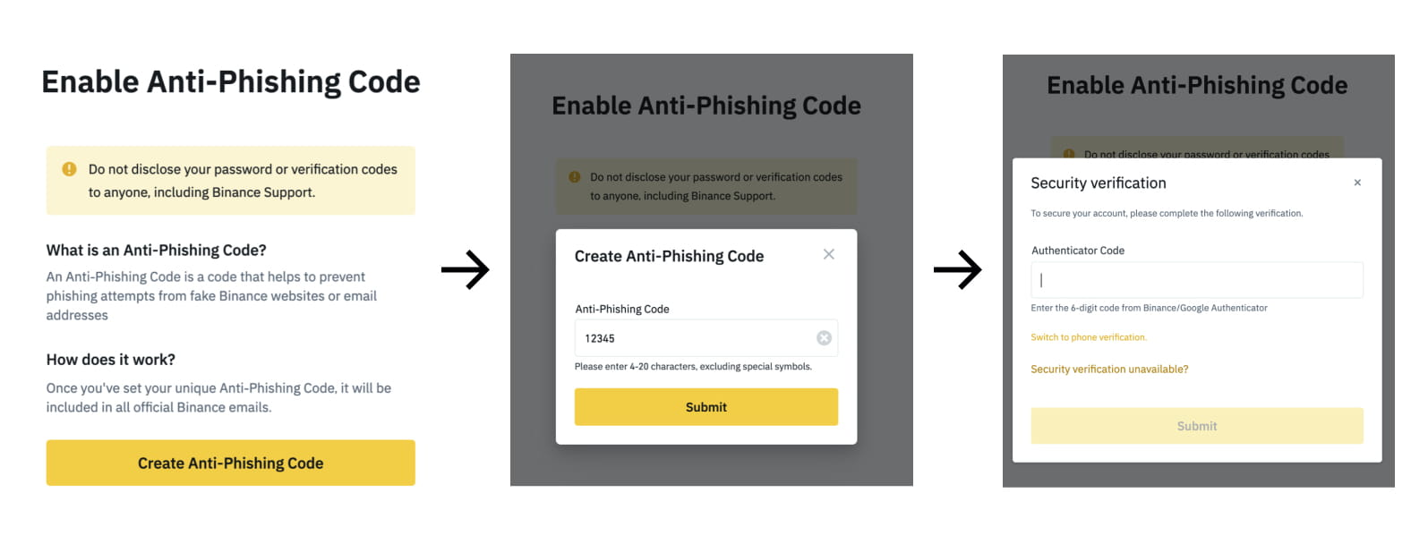 Các bước kích hoạt Anti-Phishing Code trên Binance - Nguồn Binance