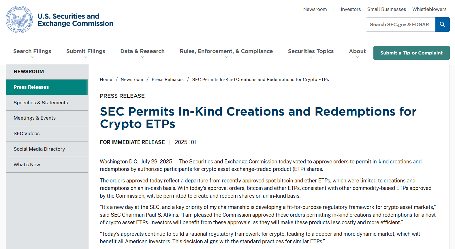 Thông báo chính thức của SEC về ETF BTC & ETH dạng in-kind (Nguồn: Sec.gov)