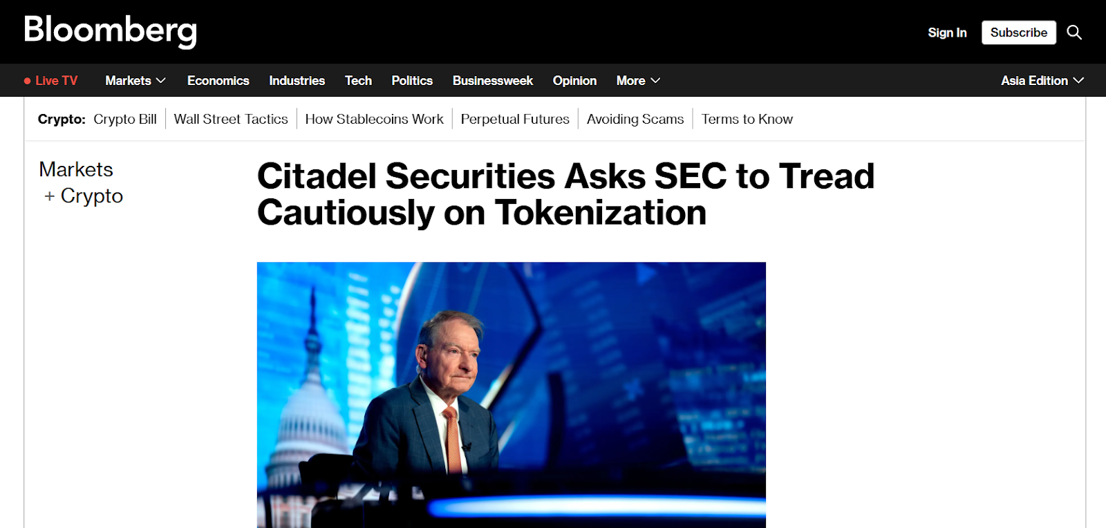Tin tức về việc Citadel Securities phản đối nới lỏng quy định cho cổ phiếu token hóa (Nguồn: Bloomberg)