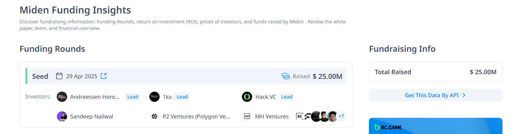 Dự án con Miden của Polygon đã gọi vốn thành công 25 triệu USD (Nguồn: Cryptorank.io)
