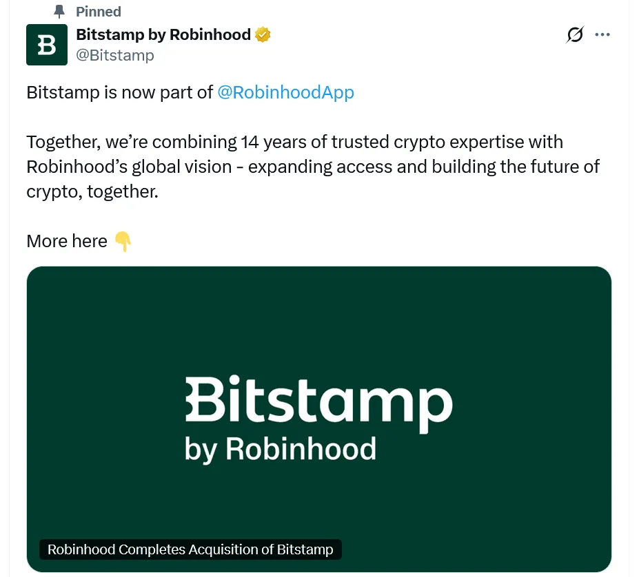 Sàn Bitstamp thông báo trở thành một phần của Robinhood - nguồn: X (Twitter)