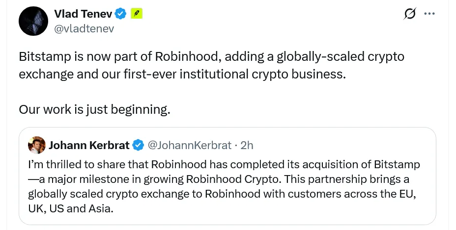 Vlad Tenev (CEO Robinhood) chia sẻ sự vui mừng sau khi Robinhood mua lại sàn Bitstamp - nguồn: X (Twitter)