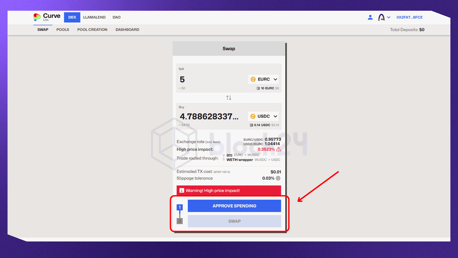Swap bằng sàn Curve trên mạng Arc