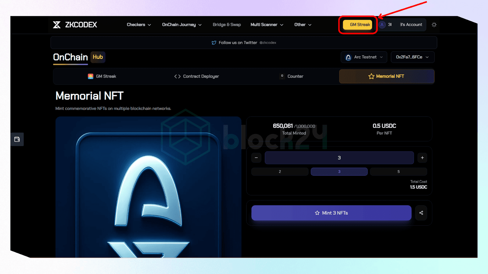 Điểm danh mỗi ngày để tăng tương tác onchain mạng testnet Arc