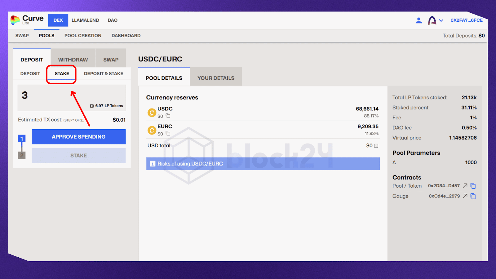 Stake LP vừa mới cung cấp trên Curve