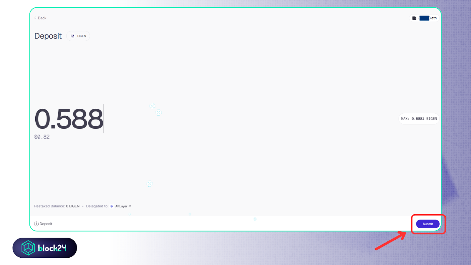 Nhập số lượng stake EIGEN trên EigenDA
