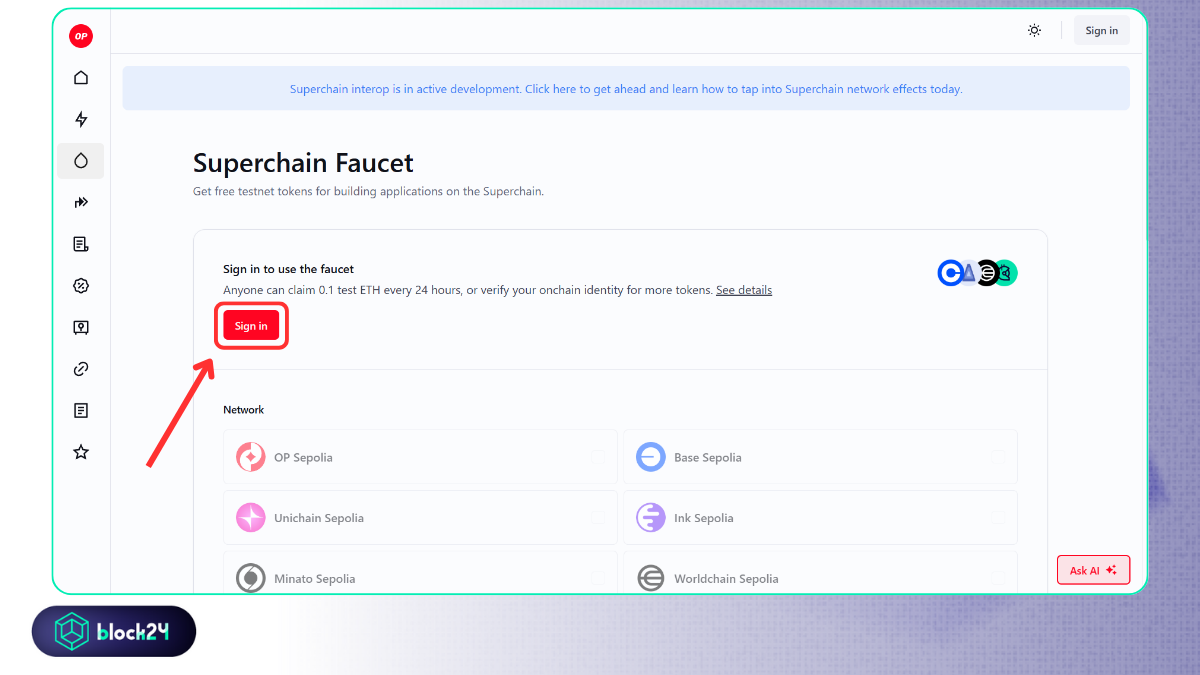 Kết nối ví với Superchain Faucet