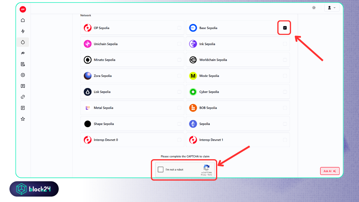Chọn mạng và claim 0,1 ETH trên Base Sepolia Testnet