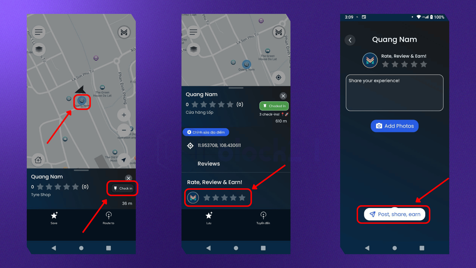 Check-in và review điểm đến