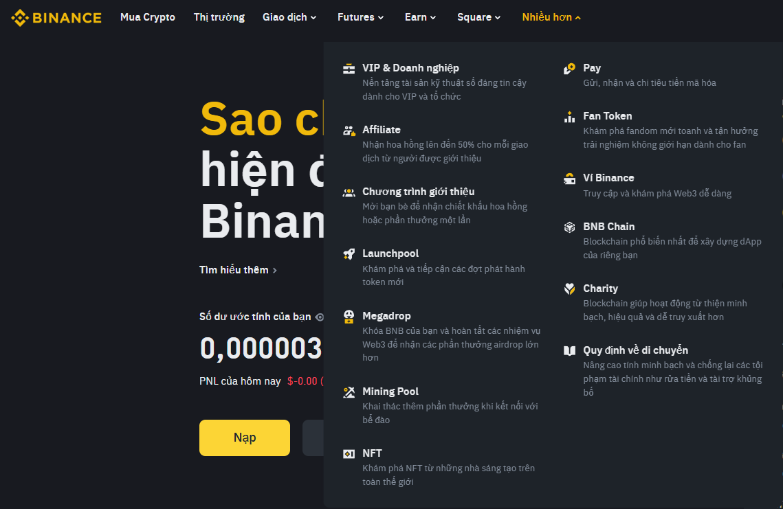 Binance cung cấp đa dạng nhiều tính năng