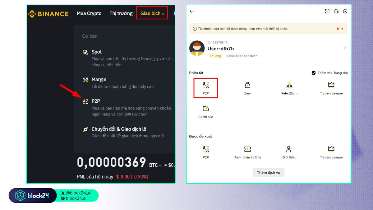Vào phần P2P trên máy tính và điện thoại