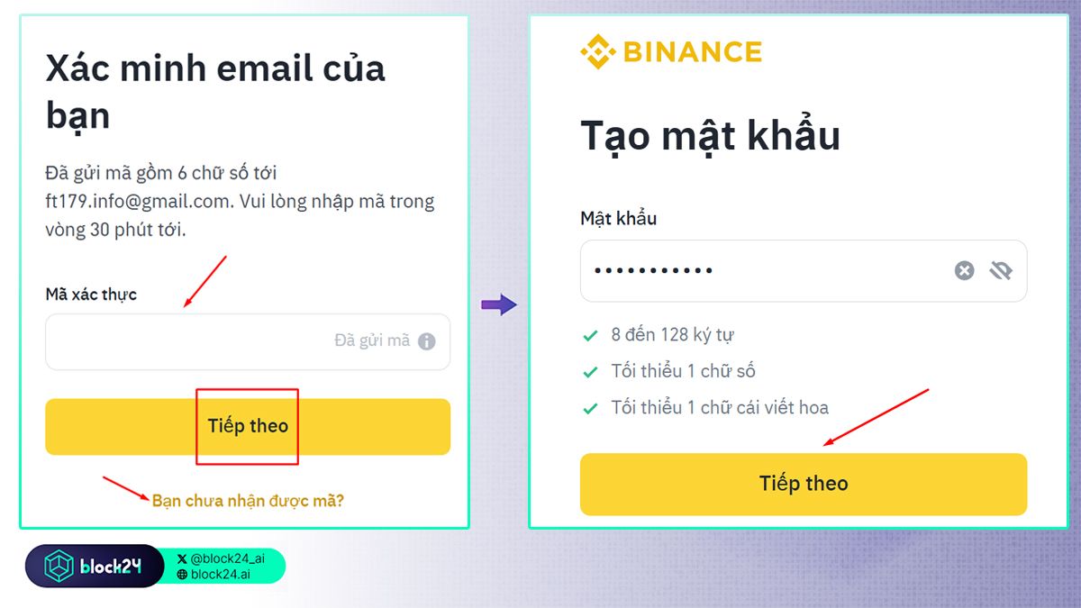 Dán mã xác thực và tạo mật khẩu đăng nhập