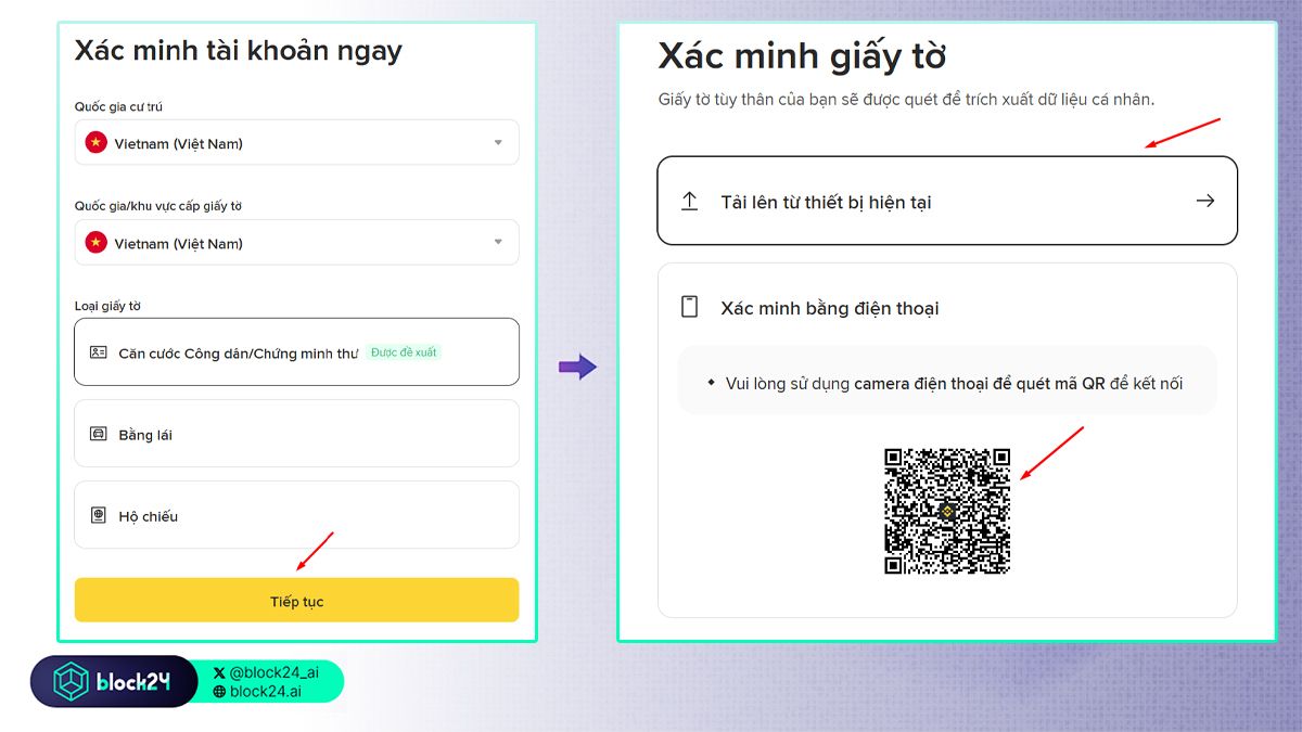 Chọn quốc gia và Loại giấy tờ rồi bấm Tiếp tục