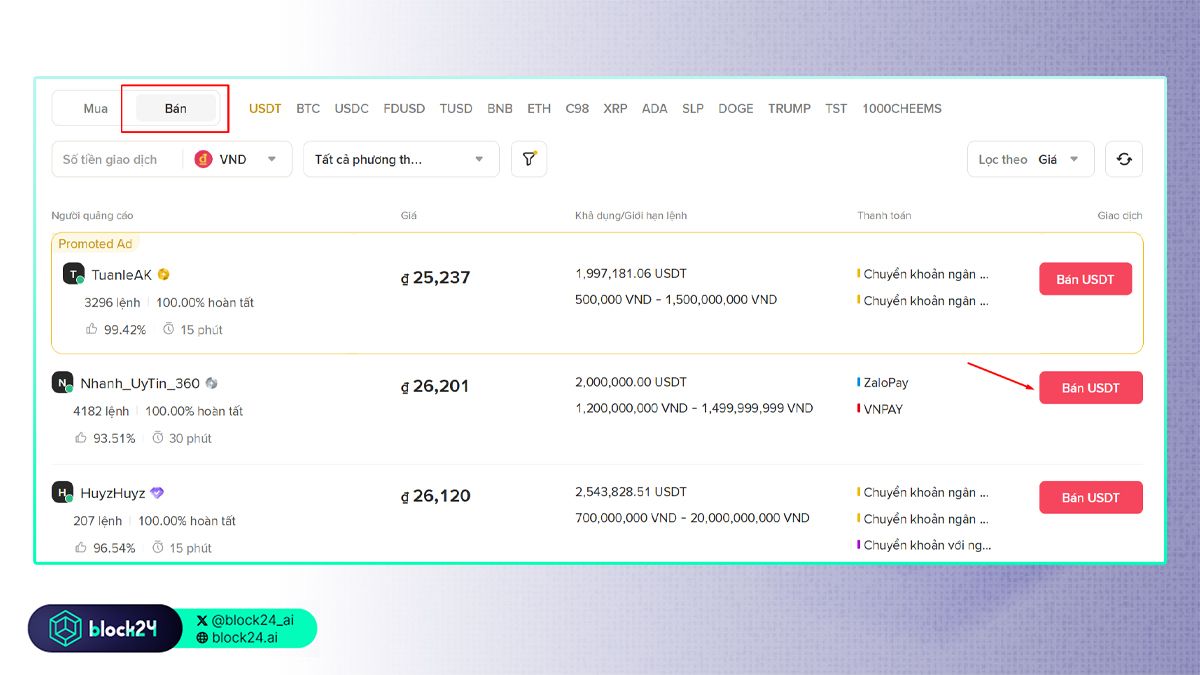 Chọn người mua USDT