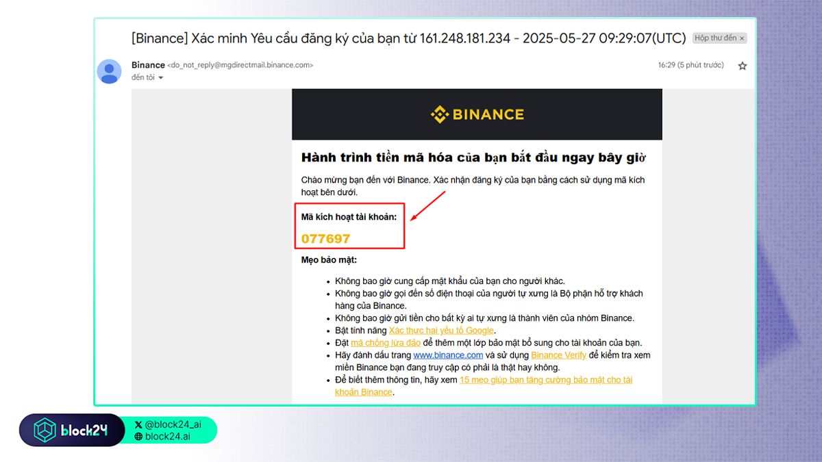 Kiểm tra email đăng ký để copy mã xác thực