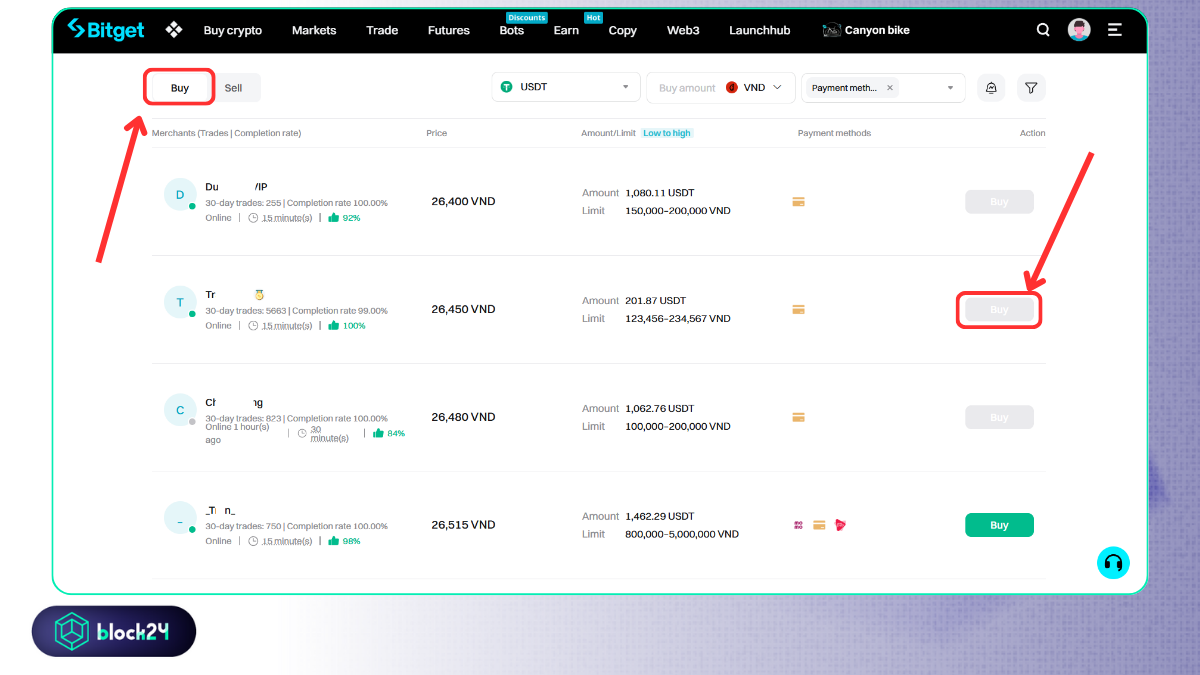 Chọn thương nhân để mua USDT