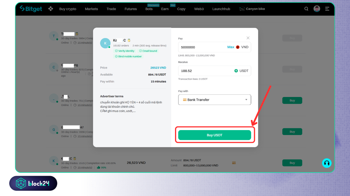 Nhập số lượng và chọn hình thức mua USDT
