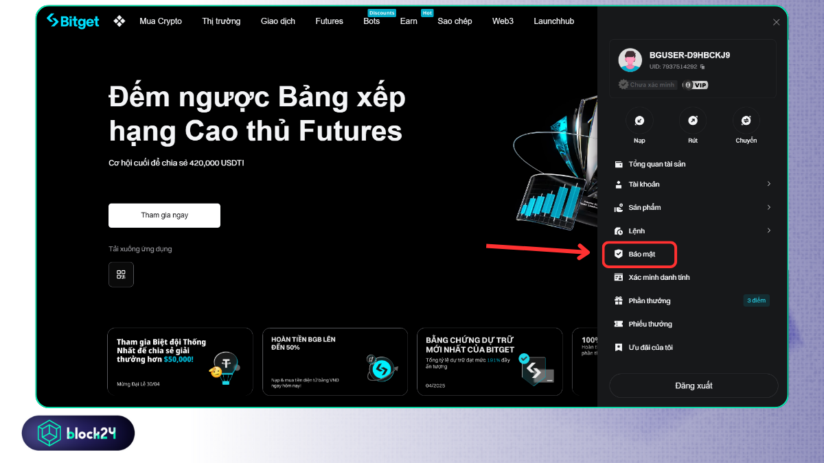 Vào phần bảo mật của tài khoản