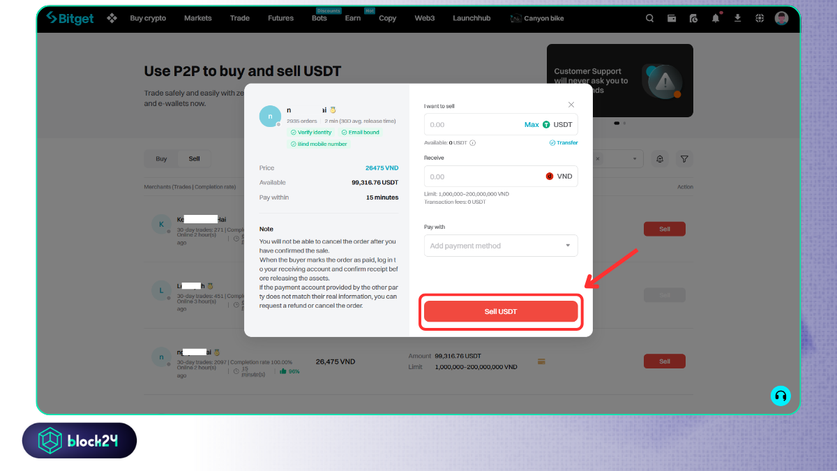 Chọn số lượng USDT muốn rút