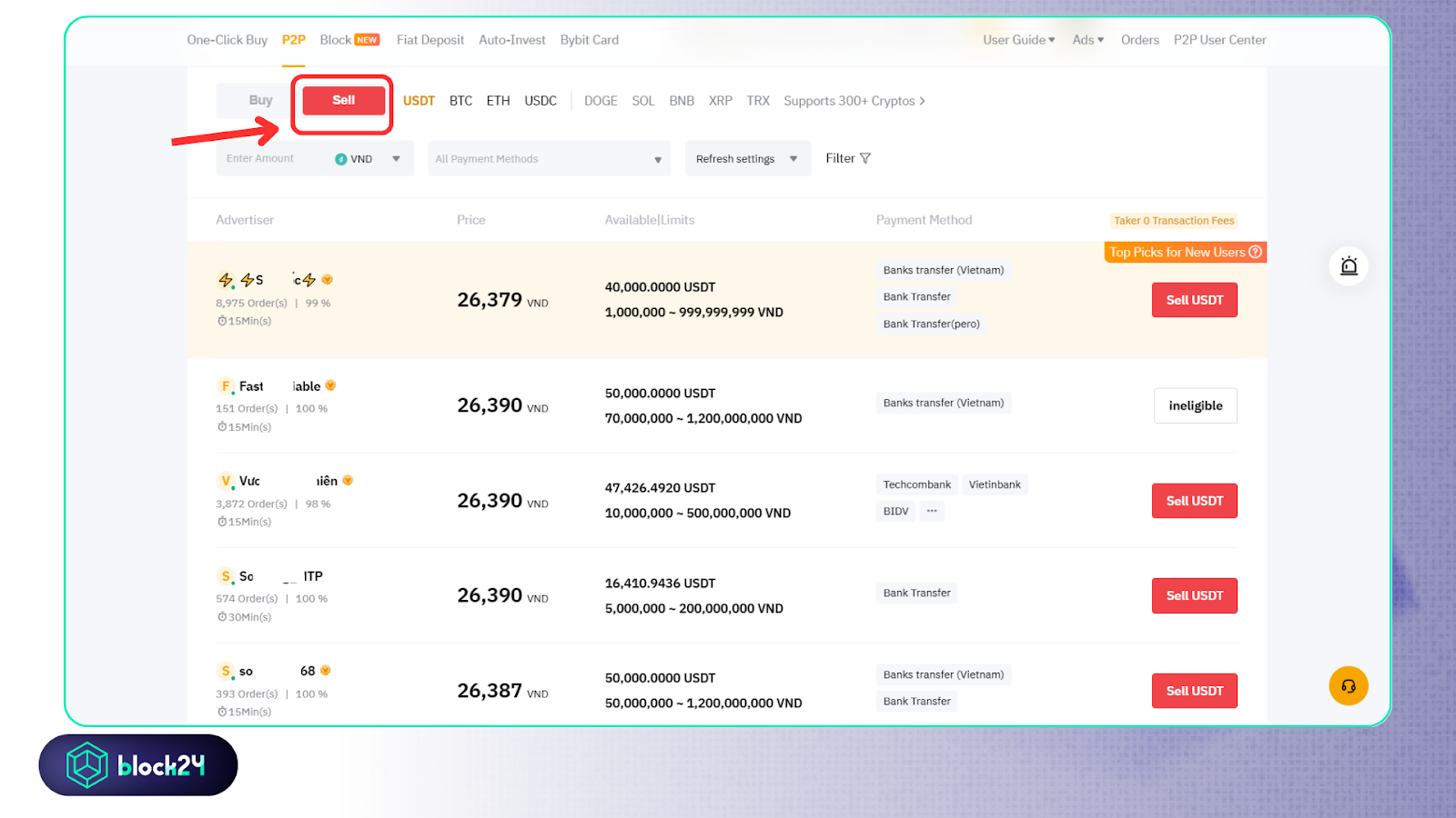 Chọn Sell để tìm thương nhân mua Crypto của bạn