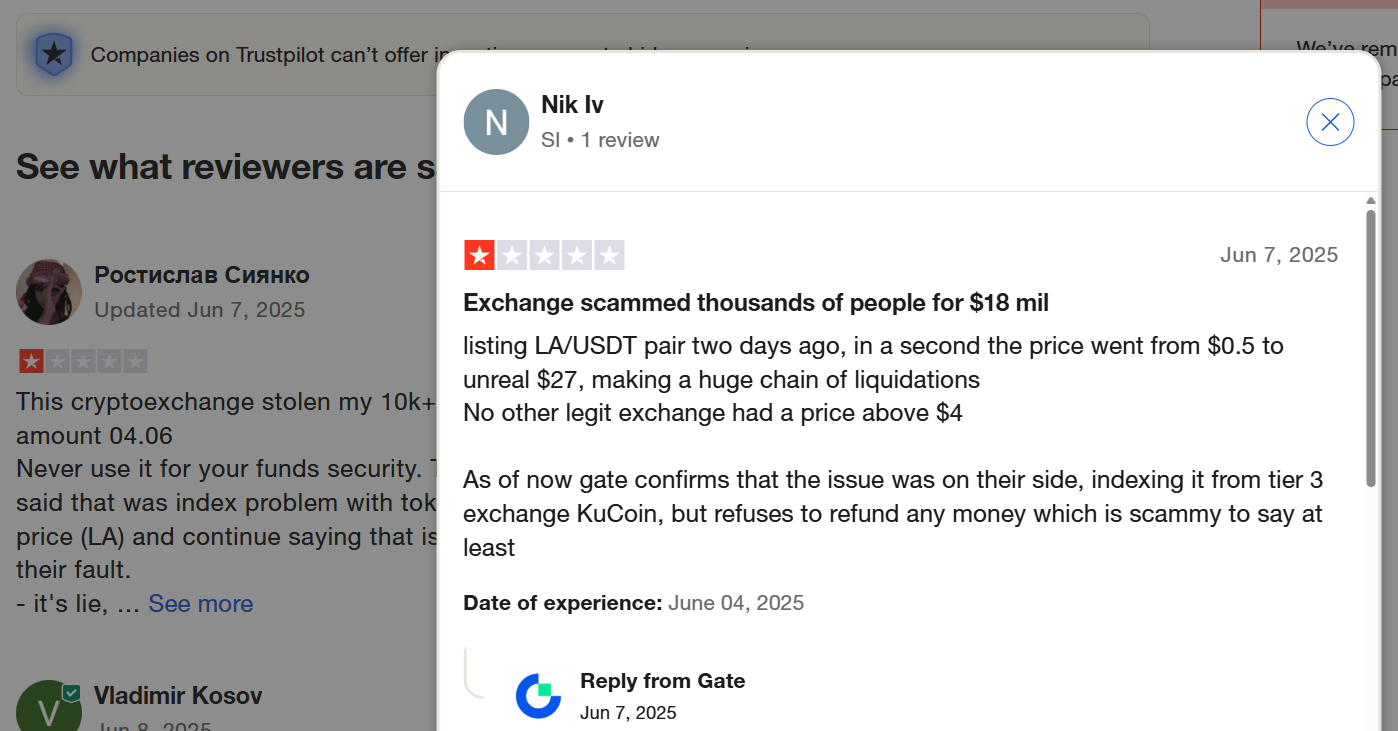 Sàn Gate bị chỉ trích trên Trustpilot sau vụ việc của LA futures (Nguồn: trustpilot.com)