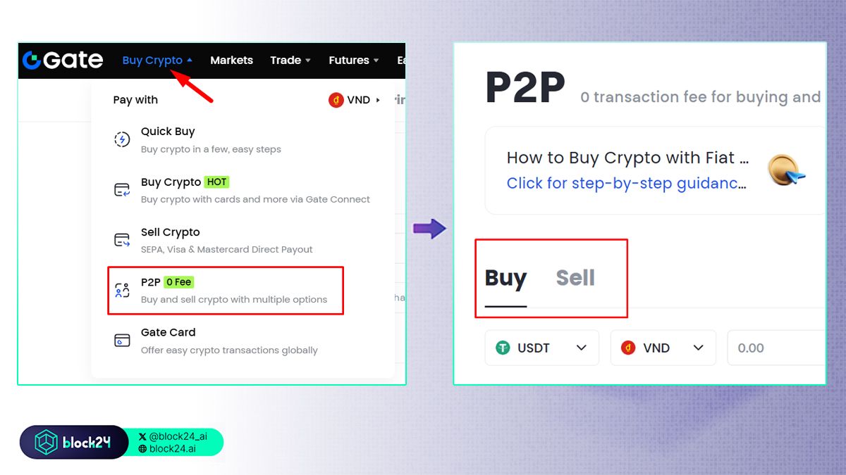 Vào phần P2P rồi chọn Buy hoặc Sell