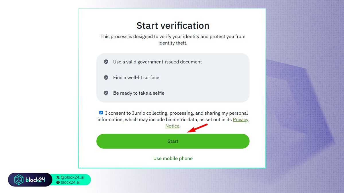 Bấm Start để chụp ảnh giấy tờ tùy thân và xác thực khuôn mặt