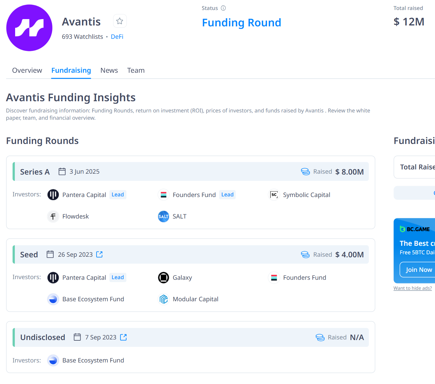 Thông tin về các vòng gọi vốn của Avantis kể từ trước đến nay - nguồn: CryptoRank