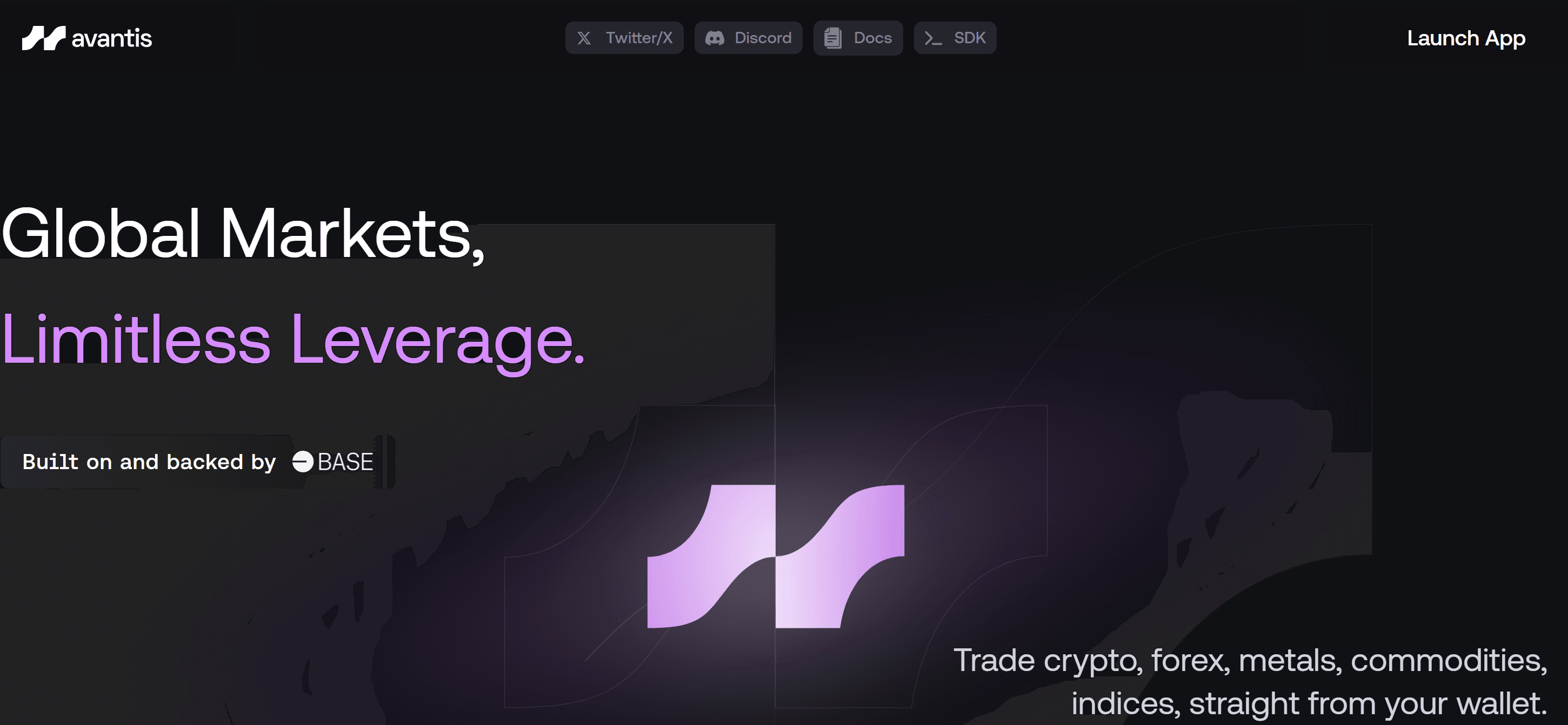 Giao diện Website của sàn PerpDEX Avantis hệ Base