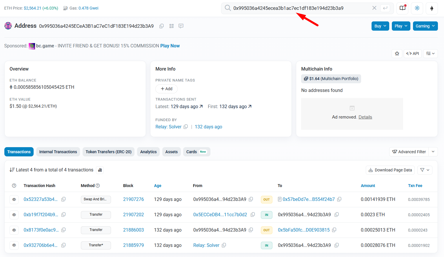 Nhập địa chỉ ví và check thông tin trên Etherscan.io