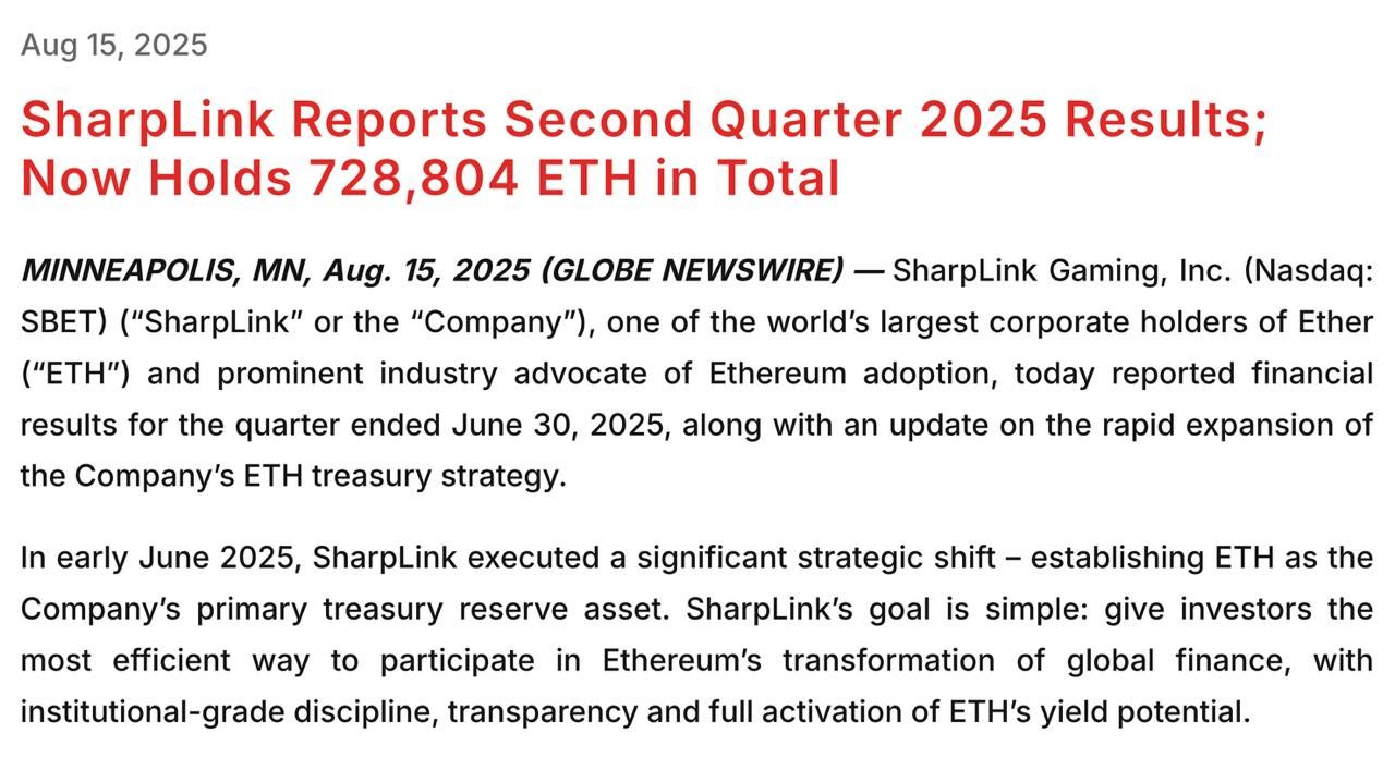 SharpLink Gaming (SBET) tiếp tục gom thêm 600 triệu USD ETH trong ngày 15/8/2025 - nguồn: Globe Newswire