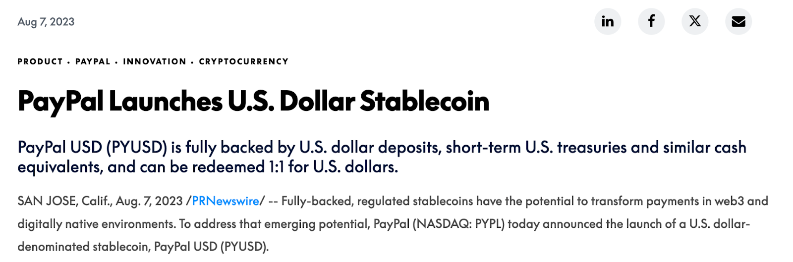 PayPal thông báo ra mắt stablecoin PYUSD