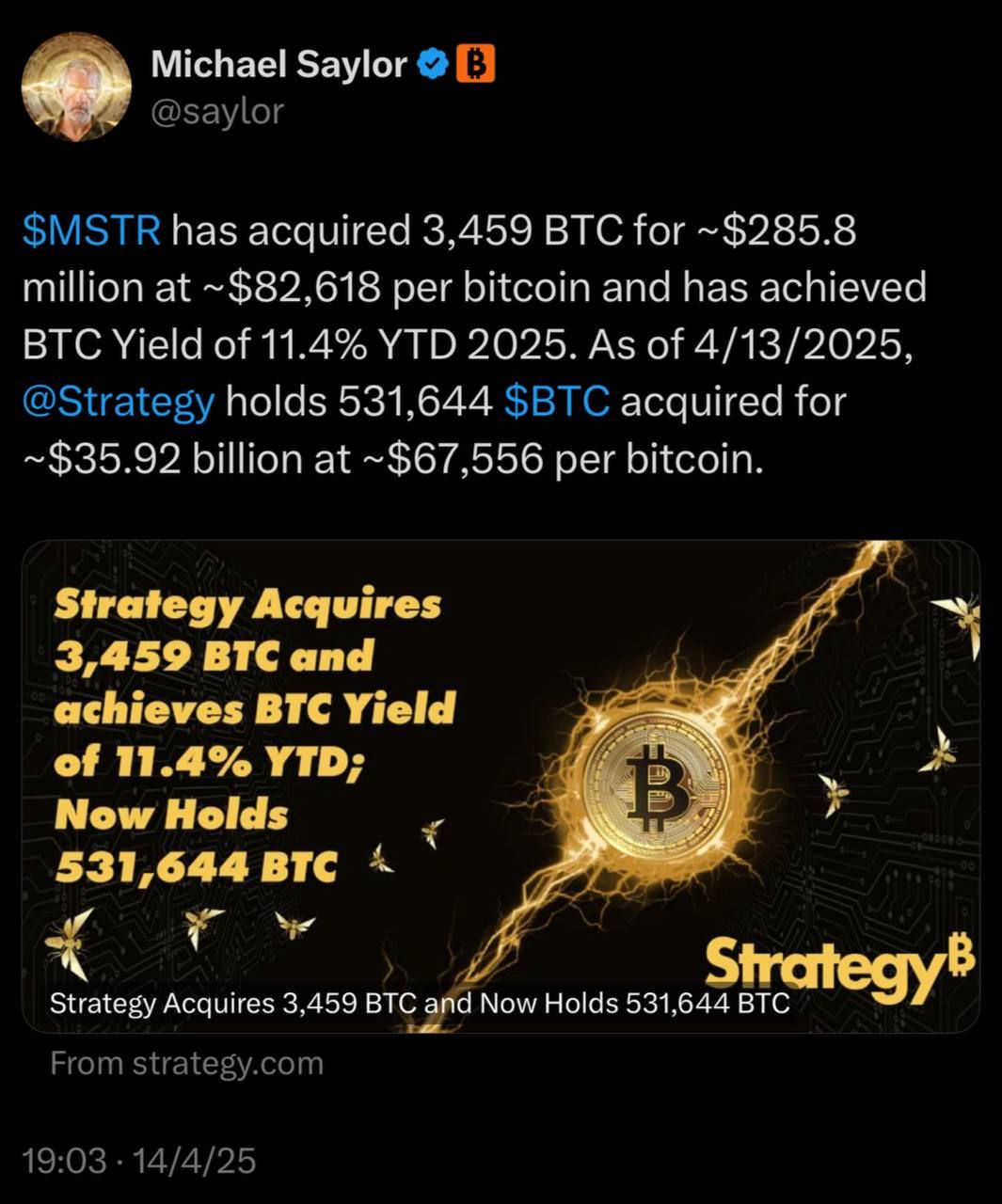 Strategy (MicroStrategy) thông báo mua thêm lượng lớn BTC trong tuần qua (7/4 - 13/4) - nguồn: X (Twitter)