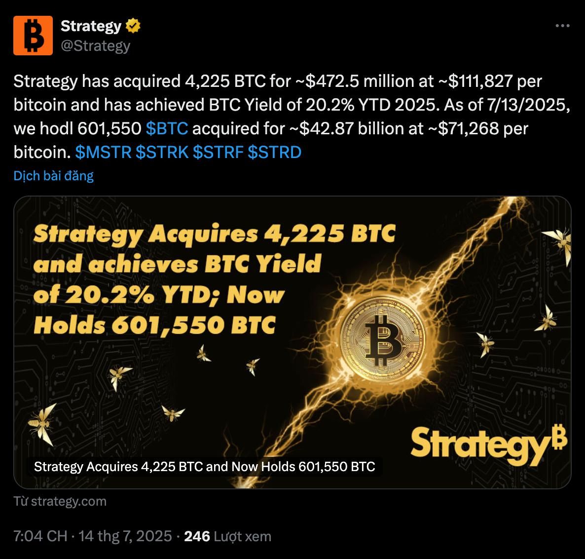 Strategy thông báo mua thêm gần 500 triệu USD Bitcoin tuần qua (7/7 - 13/7/2025) - nguồn: X (Twitter)