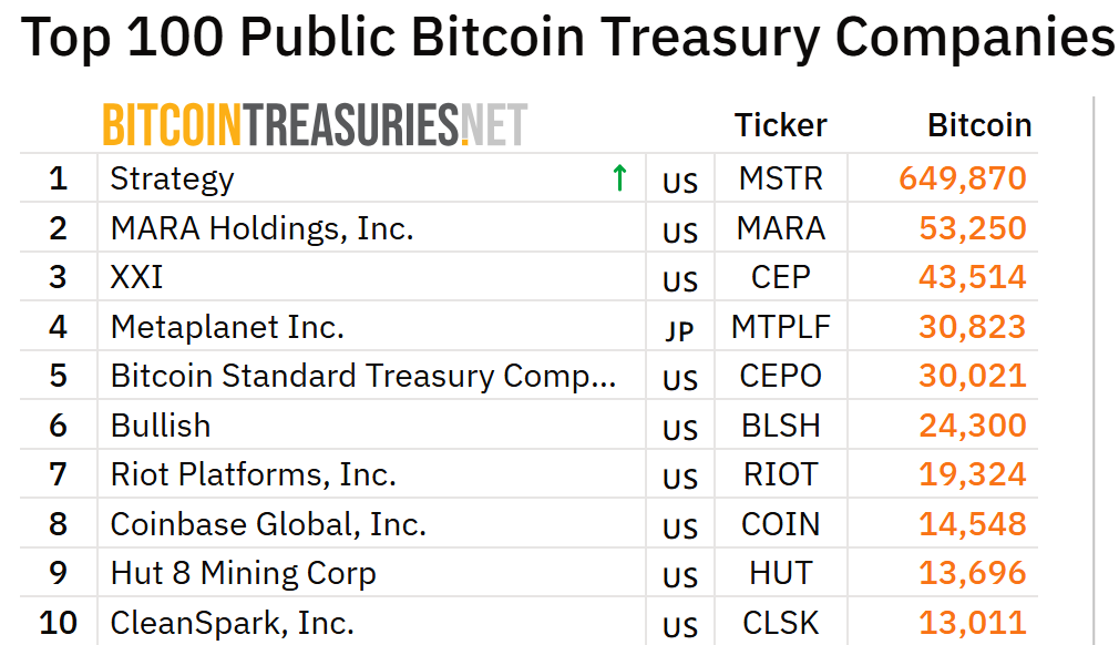 Bảng xếp hạng các công ty đại chúng (public company) nắm giữ nhiều BTC nhất trên toàn cầu - nguồn: Bitcoin Treasuries