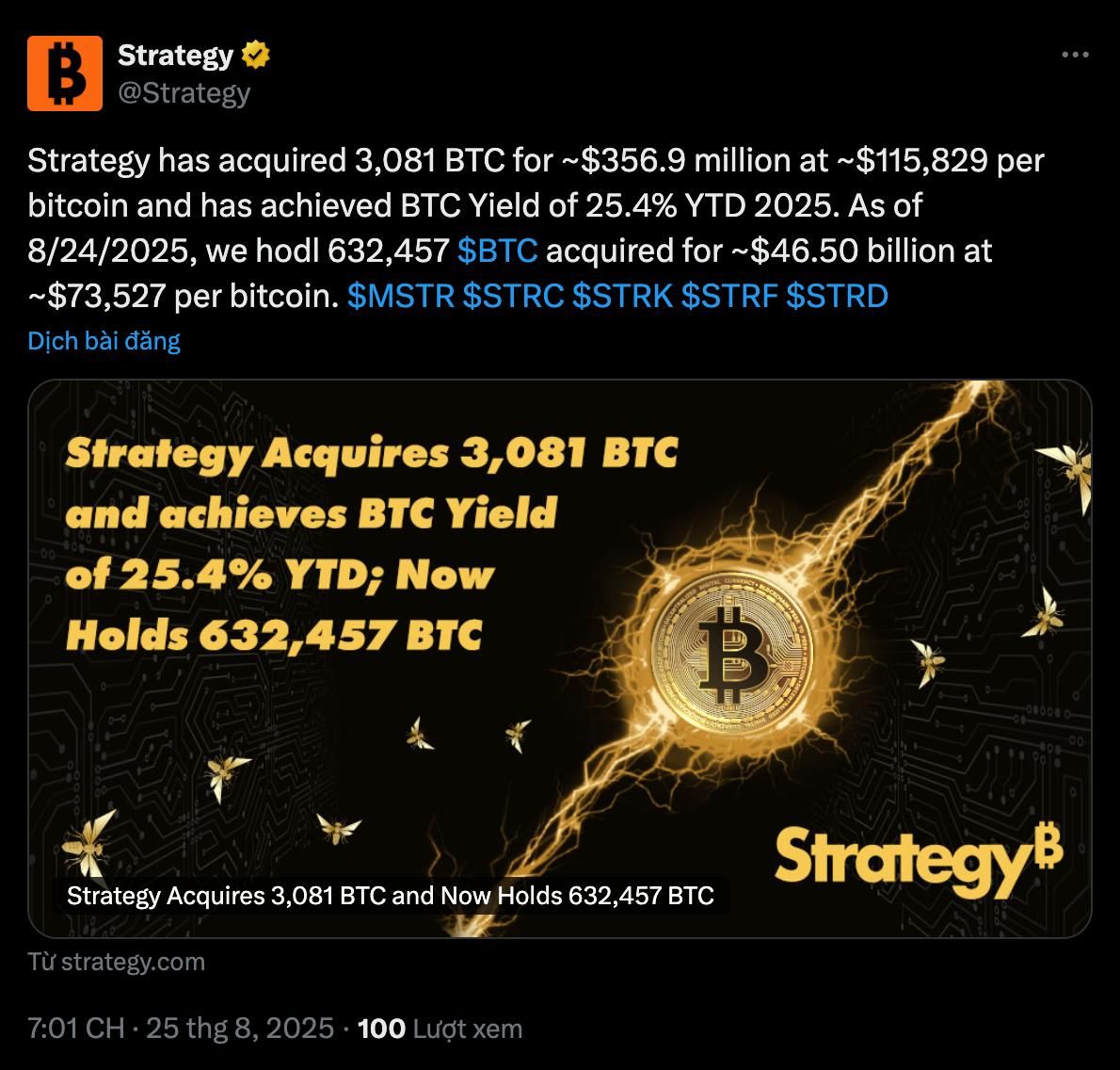 Strategy thông báo mua thêm 3.081 BTC tuần qua (18/8 - 24/8) - nguồn: X (Twitter)