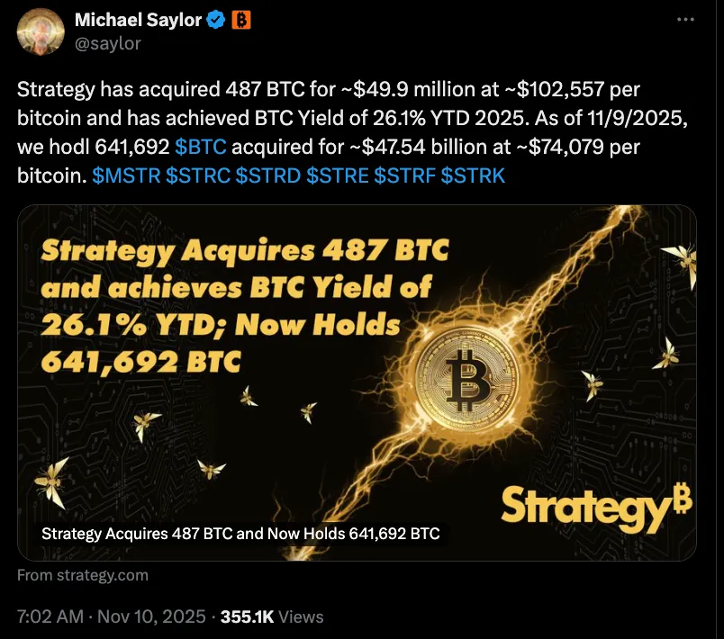 Công ty Strategy thông báo mua thêm 50 triệu USD BTC tuần đầu tháng 11 - nguồn: X (Twitter)