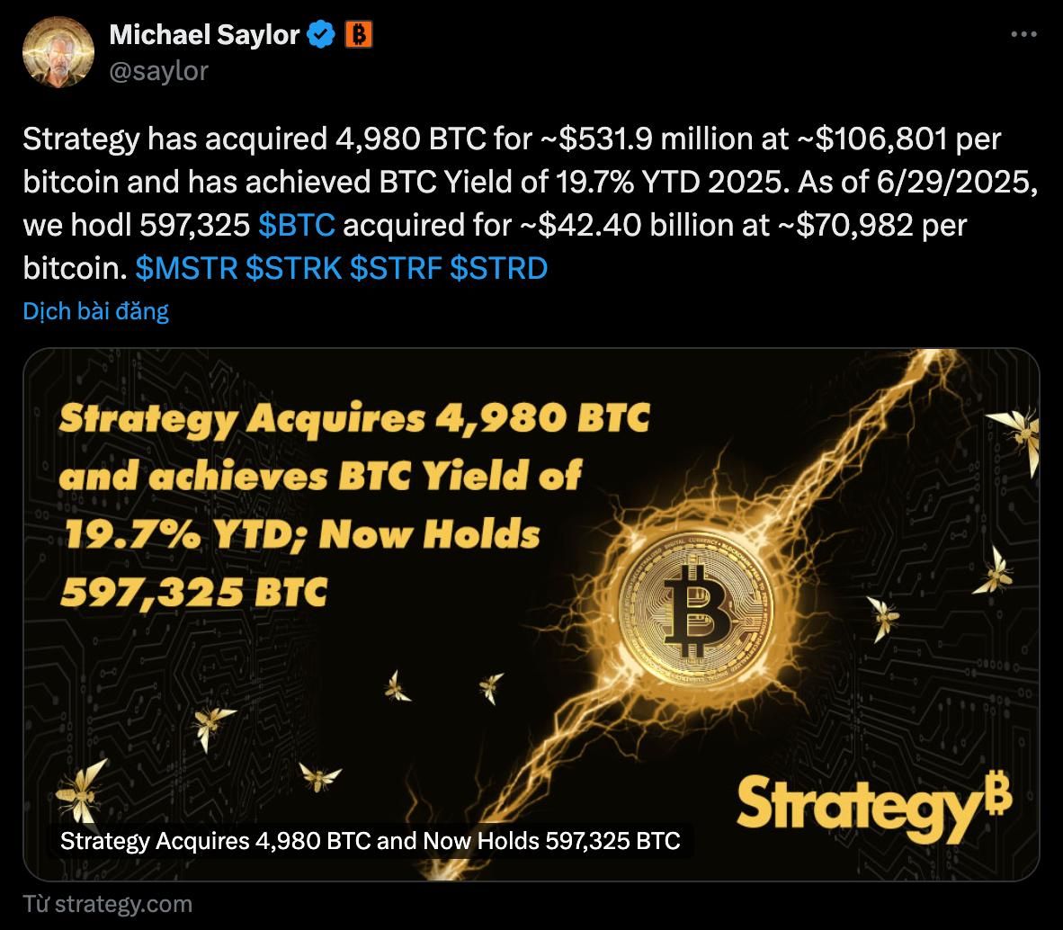Công ty Strategy (trước đây là MicroStrategy) tiếp tục mua thêm hàng trăm triệu USD Bitcoin tuần qua (23/6 - 29/6) - nguồn: X (Twitter)