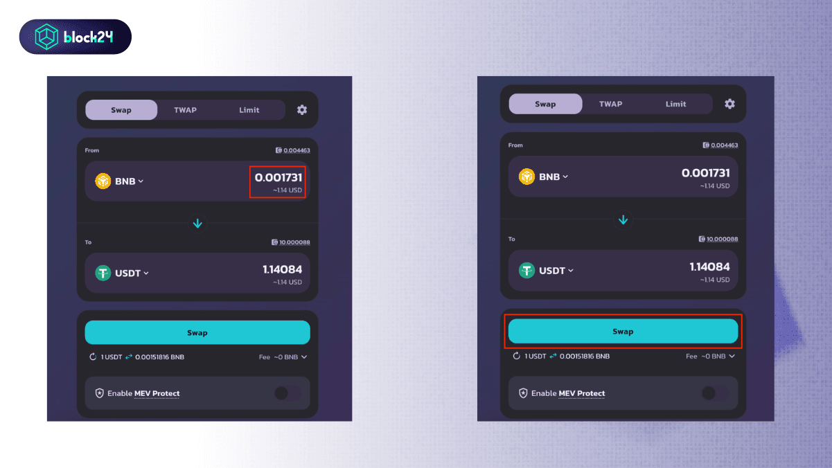 Nhập số lượng và ấn swap