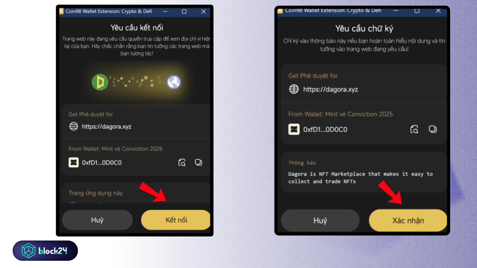 Xác thực kết nối ví Coin98 vào Dagora