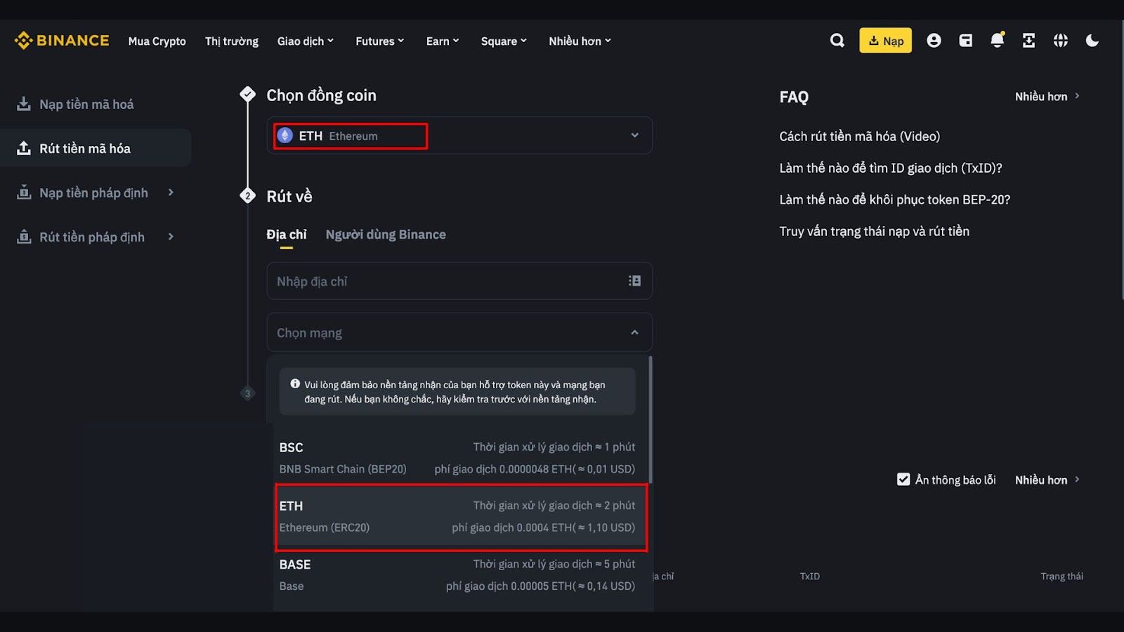 Các bước rút tài sản từ Binance về ví
