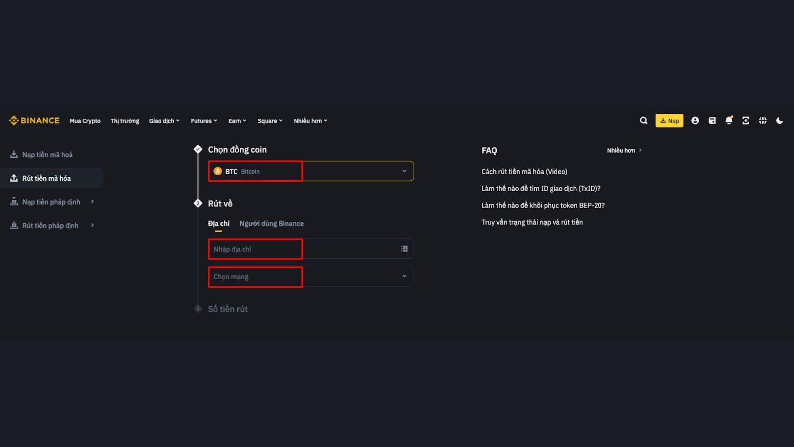 Giao diện rút tiền Binance