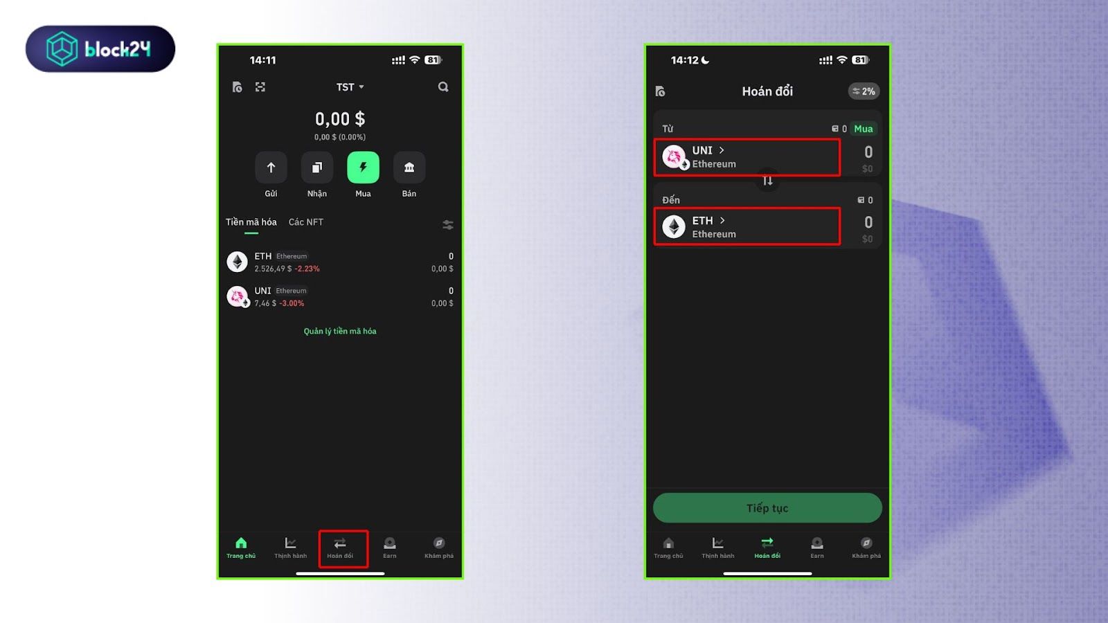 Giao diện swap trên Trust Wallet mobile