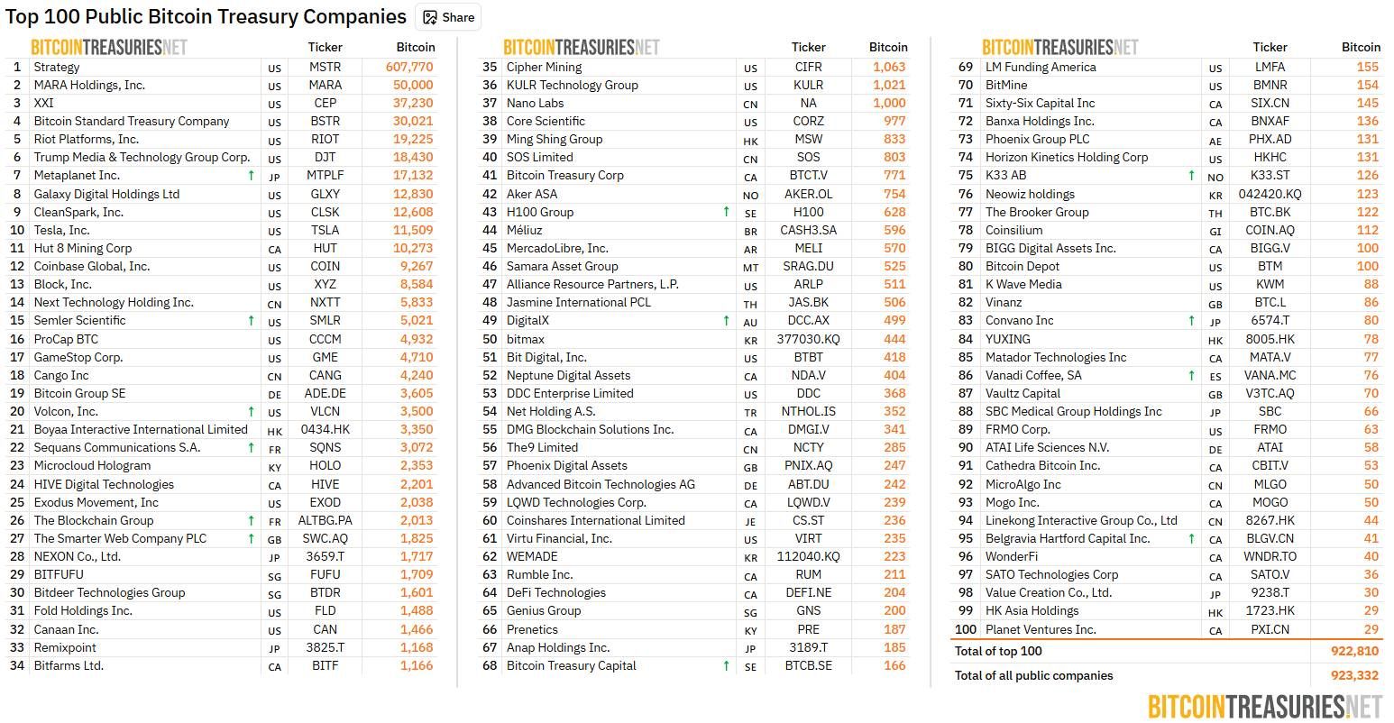 Bảng xếp hạng các công ty đại chúng (public company) nắm giữ nhiều BTC nhất trên toàn cầu - theo Bitcoin Treasuries