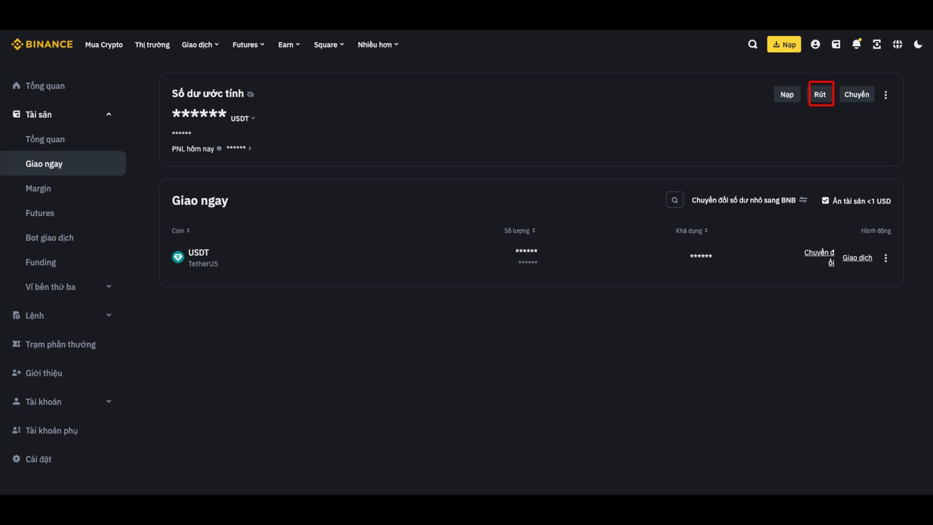 Giao diện rút tài sản Binance