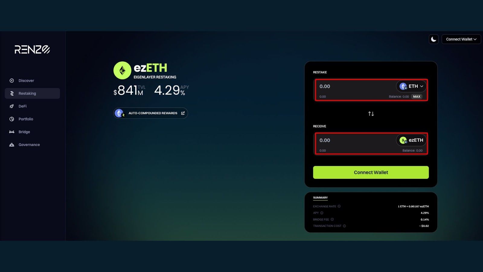 Chọn chain và lượng ETH muốn stake
