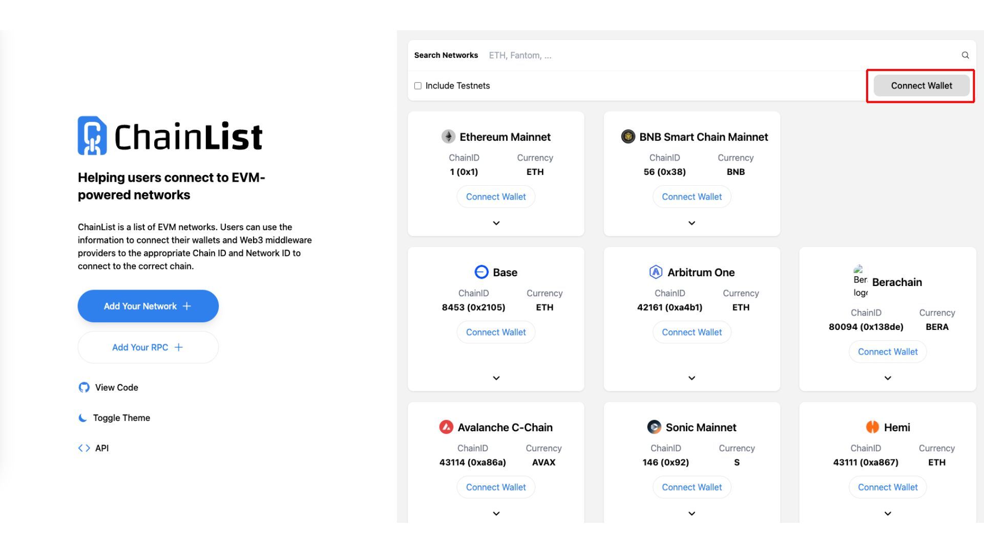 Kết nối ví với ChainList